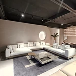 Modern Large-Scale Modular Sectional Sofa with Integrated Leather Side Tables, Premium Textured Fabric & Leather-Wrapped Base